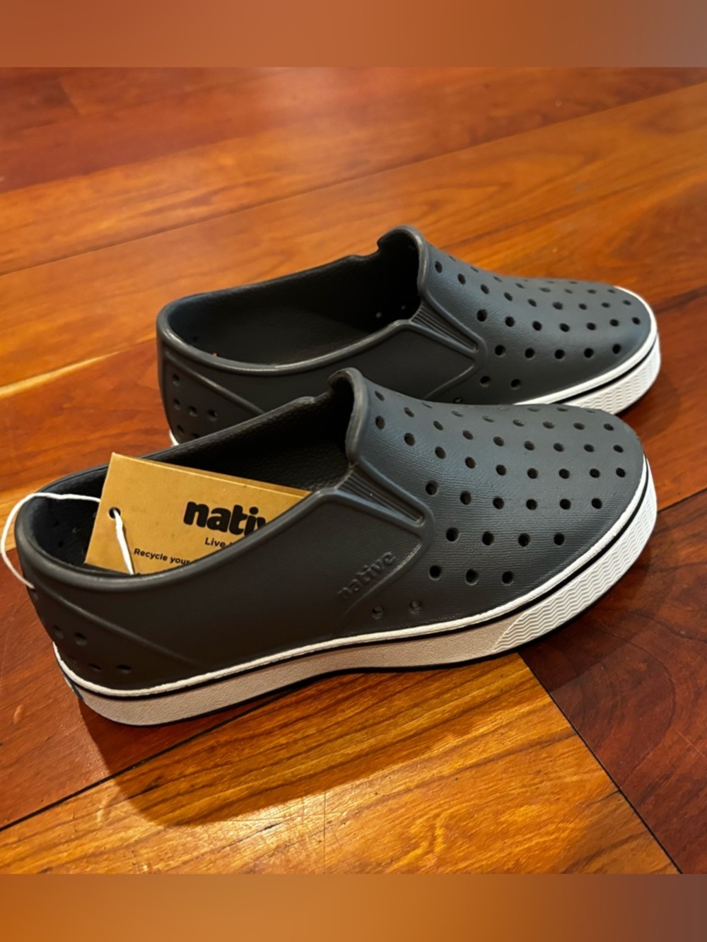 Native Kid’s Slip-On Perforated Sneakers with White Sole - charcoal grey